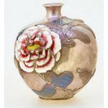 JAPANESE SILVER VASE WITH ENAMEL AND RELIEF FLORAL DECORATION
