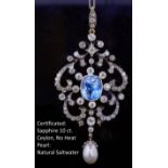 IMPORTANT CEYLON 10 CT. BLUE SAPPHIRE, NATURAL SALT WATER AND DIAMOND PENDANT