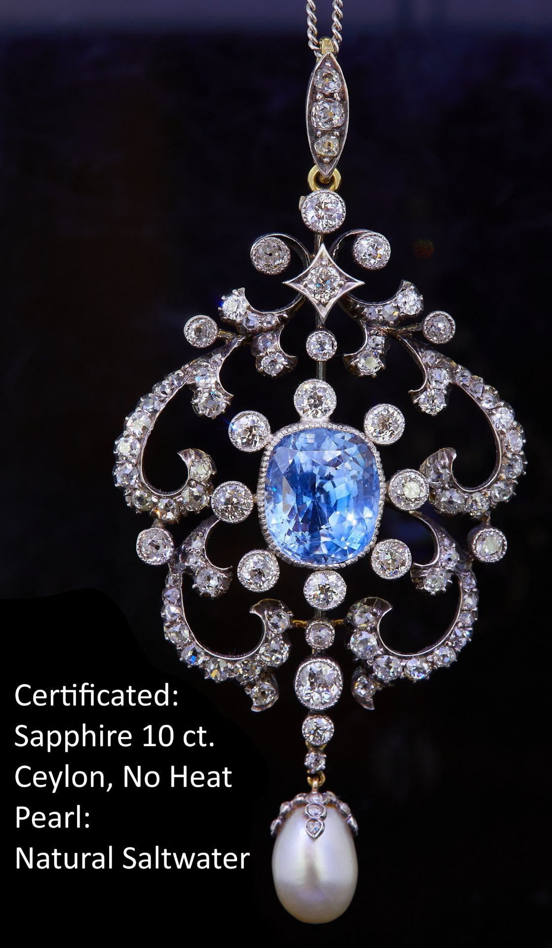 IMPORTANT CEYLON 10 CT. BLUE SAPPHIRE, NATURAL SALT WATER AND DIAMOND PENDANT