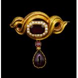 ANTIQUE VICTORIAN GARNET AND PEARL DROP BROOCH