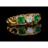 ANTIQUE EMERALD AND DIAMOND 3-STONE RING