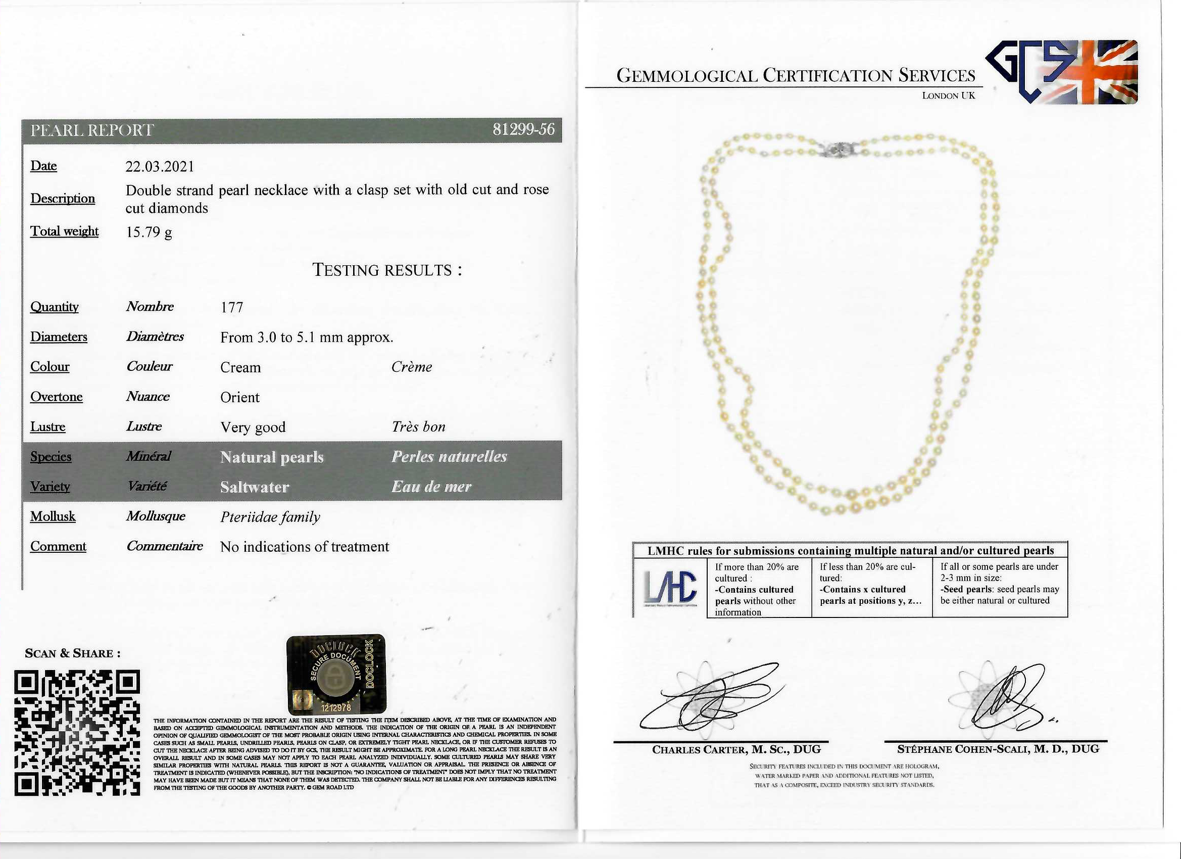 IMPORTANT CERTIFICATED NATURAL SALTWATER PEARL DOUBLE ROW NECKLACE - Image 3 of 3