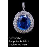 IMPORTANT 14.80 CT. CEYLON NO HEAT AND DIAMOND PENDANT