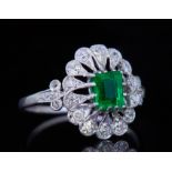 EMERALD AND DIAMOND OPENWORK CLUSTER RING