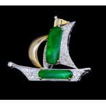 JADE AND DIAMOND SAILING BOAT BROOCH