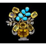 CITRINE DIAMOND AND TURQUOISE FLORAL BROOCH