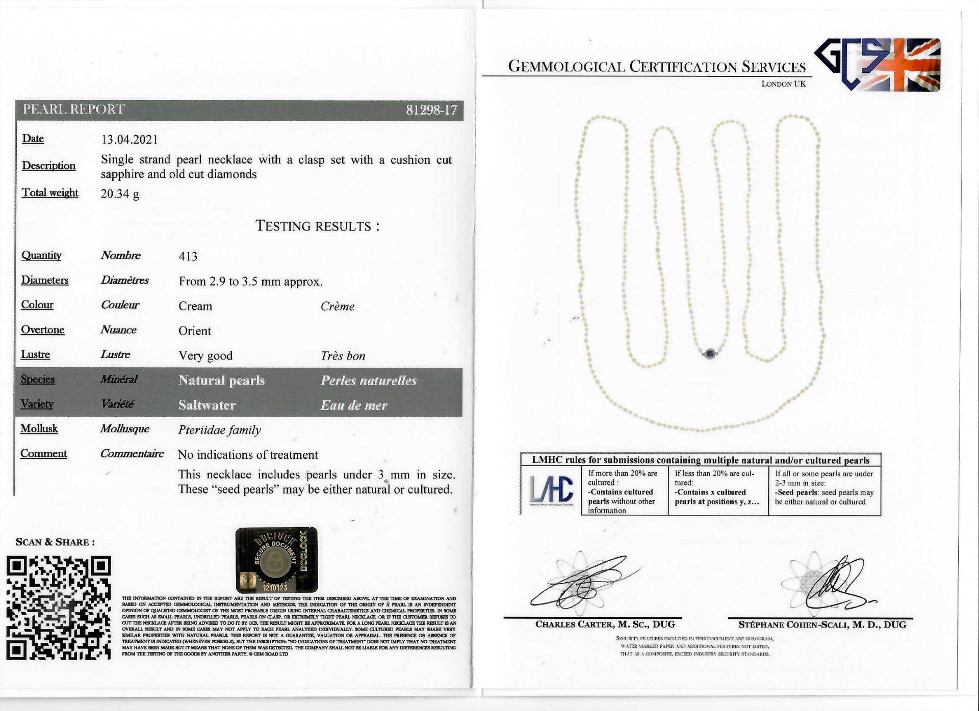 CERTIFICATED NATURAL SALTWATER PEARL LONG NECKLACE - Image 3 of 3