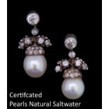 PAIR OF CERTIFICATED NATURAL SALTWATER PEARL AND DIAMOND EARRINGS
