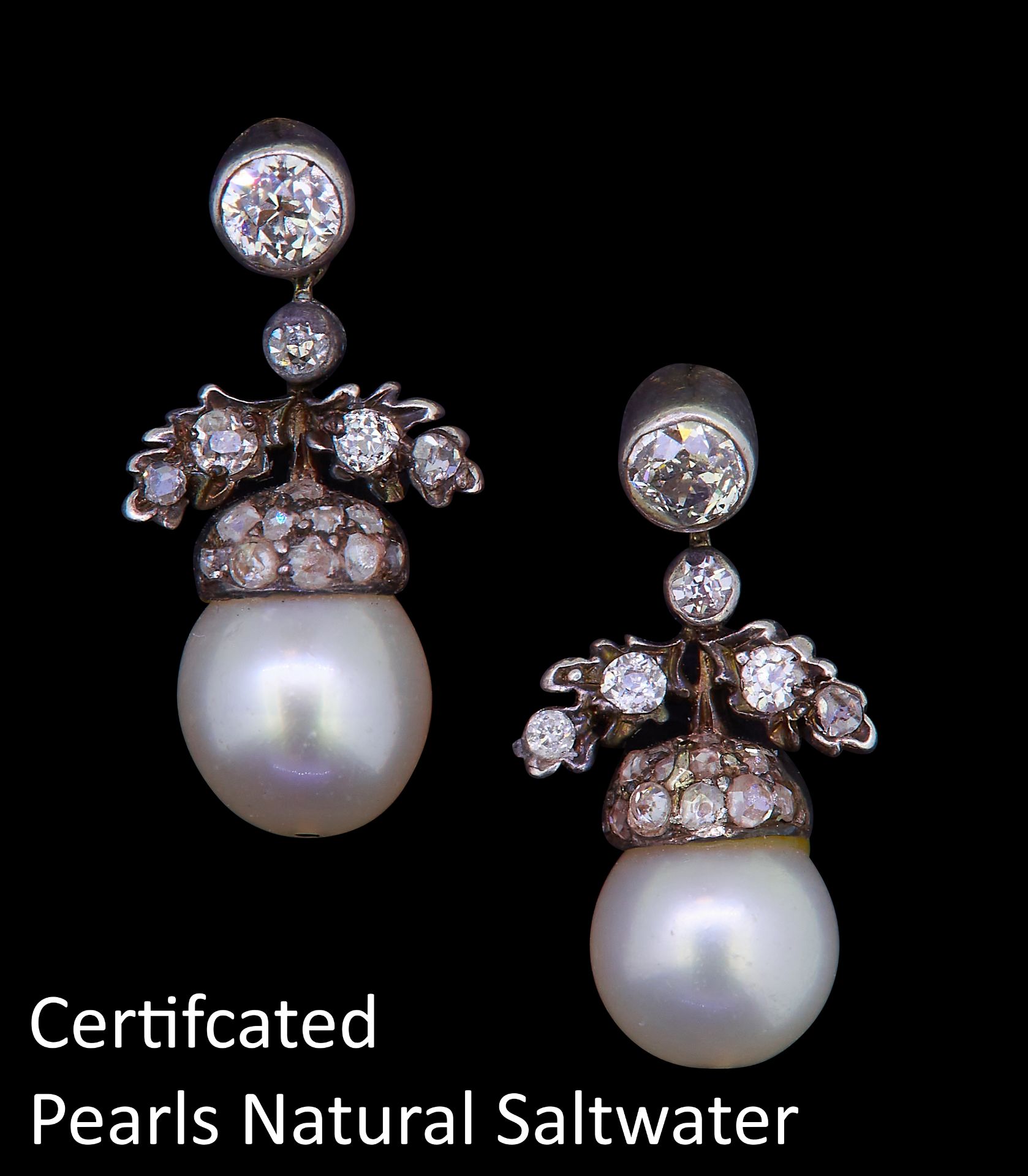 PAIR OF CERTIFICATED NATURAL SALTWATER PEARL AND DIAMOND EARRINGS