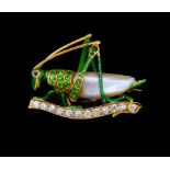 DEMANTOID GARNET PEARL AND DIAMOND GRASHOPPER BROOCH