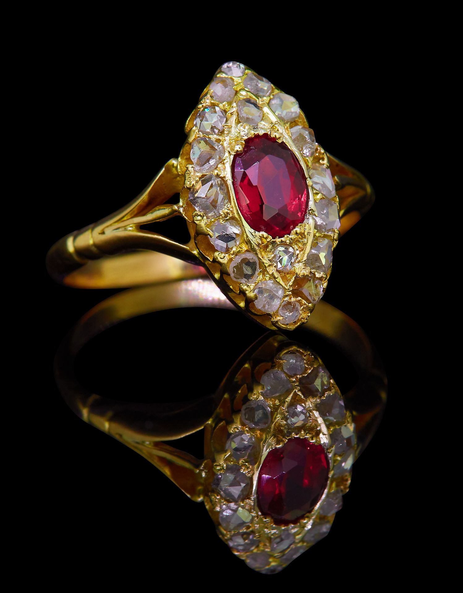 ANTIQUE RUBY AND DIAMOND CLUSTER RING