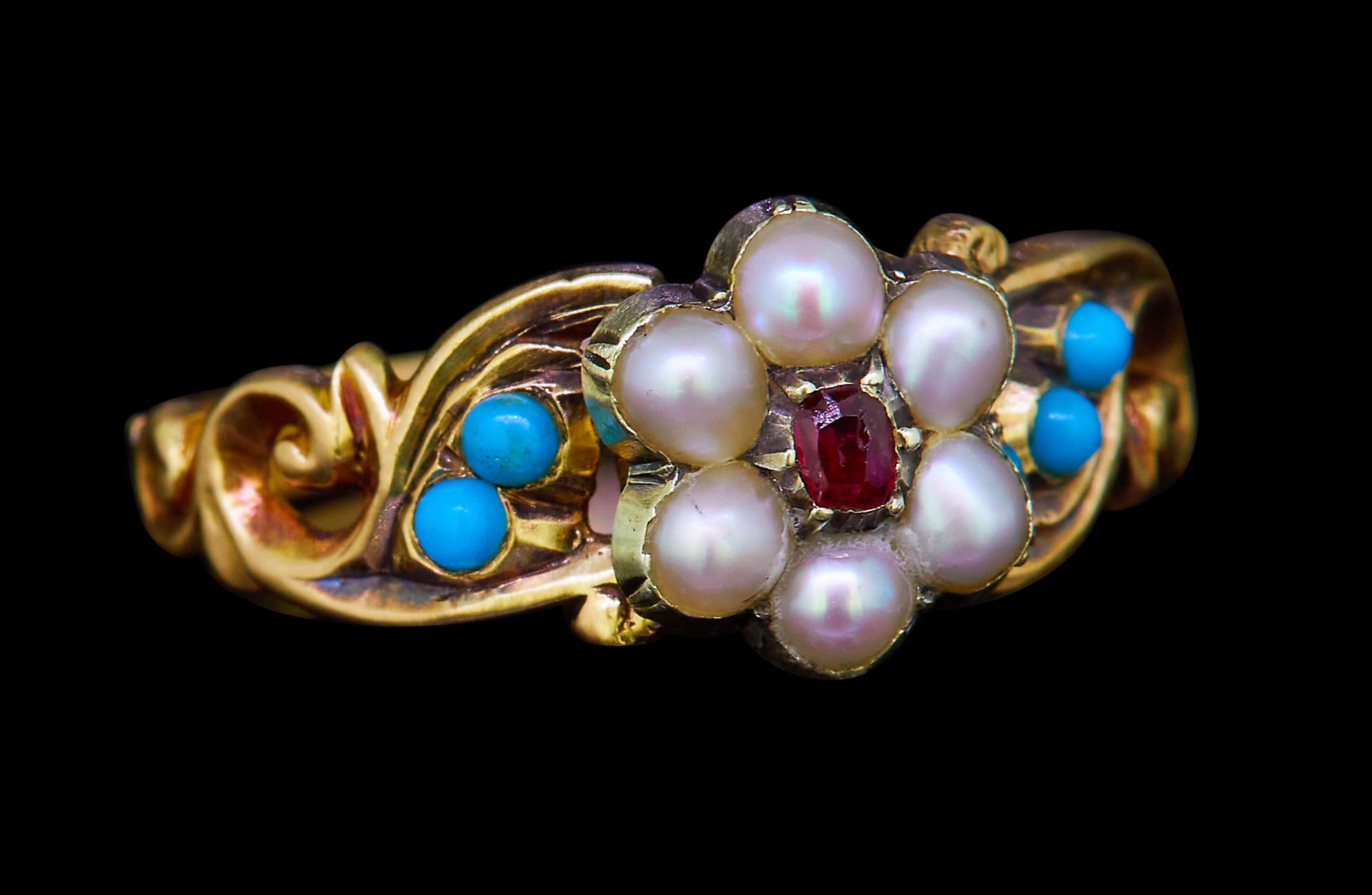 ANTIQUE VICTORIAN PEARL, RUBY AND TURQUOISE RING