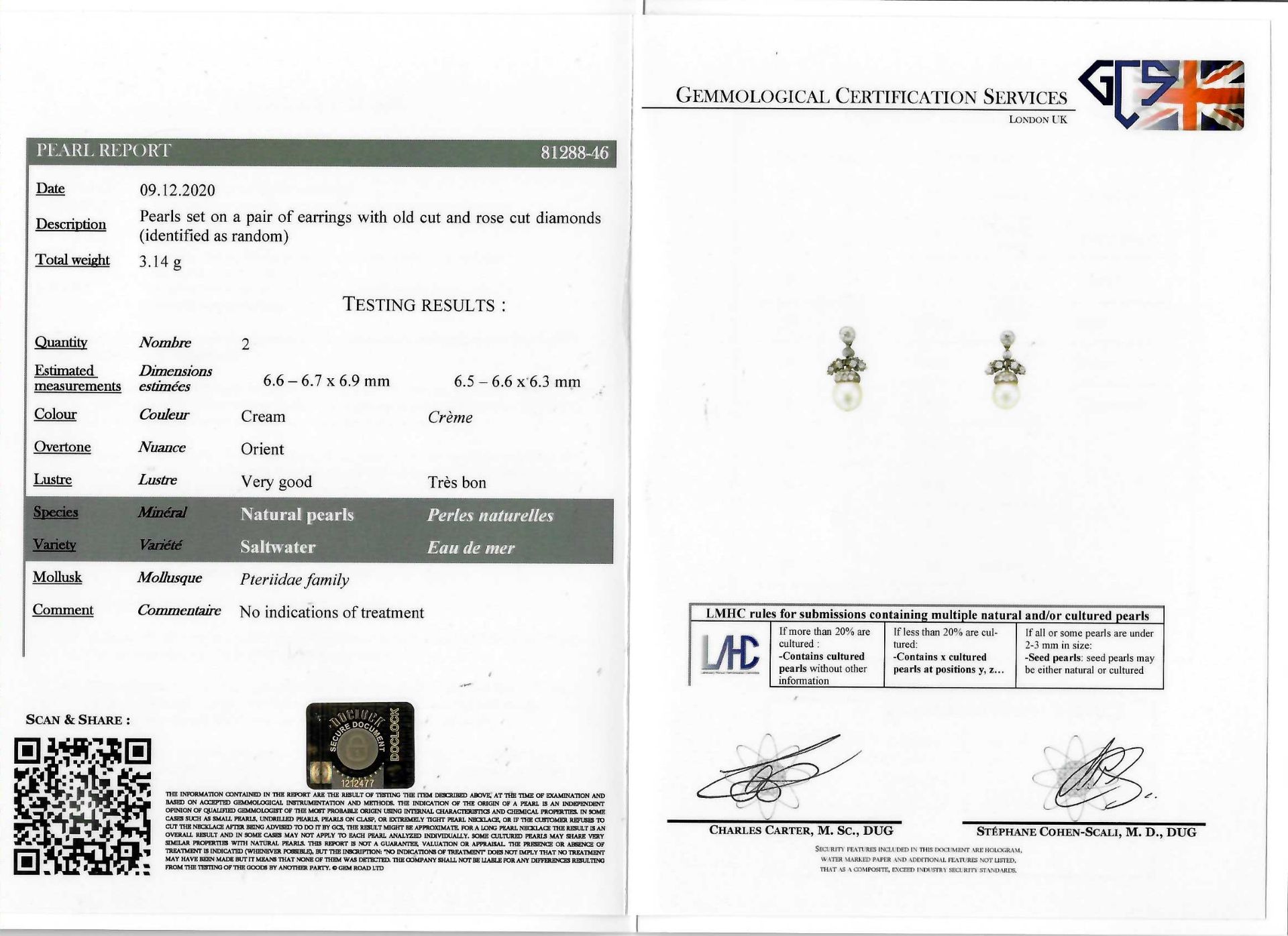 PAIR OF CERTIFICATED NATURAL SALTWATER PEARL AND DIAMOND EARRINGS - Image 2 of 2