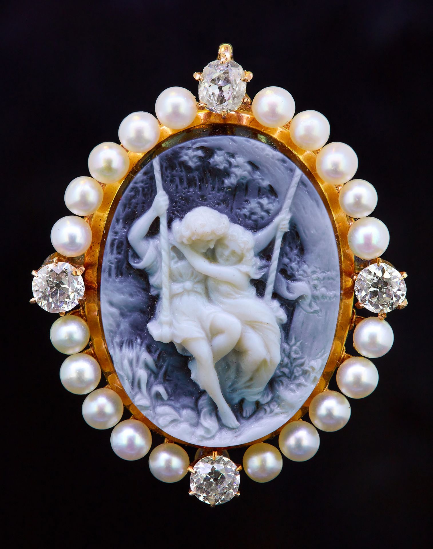 ANTIQUE AGATE CAMEO, DIAMOND AND PEARL BROOCH/PENDANT - Image 2 of 3