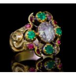 ANTIQUE DIAMOND EMERALD AND RUBY CLUSTER RING