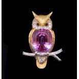 KUNZITE DIAMOND AND ONYX OWL BROOCH