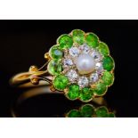 DEMANTOID GARNET, DIAMOND AND PEARL CLUSTER RING