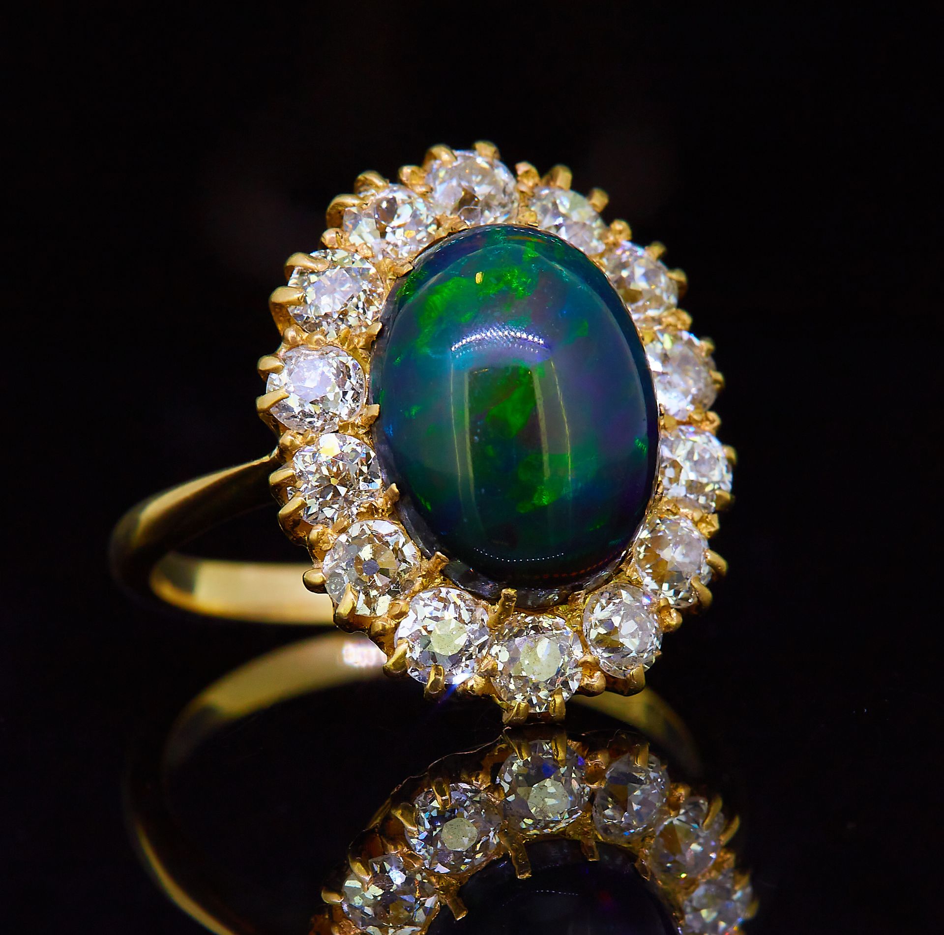 BLACK OPAL AND DIAMOND CLUSTER RING