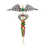 ANTIQUE DIAMOND, PEARL, EMERALD AND ENAMEL CADUCEUS BROOCH