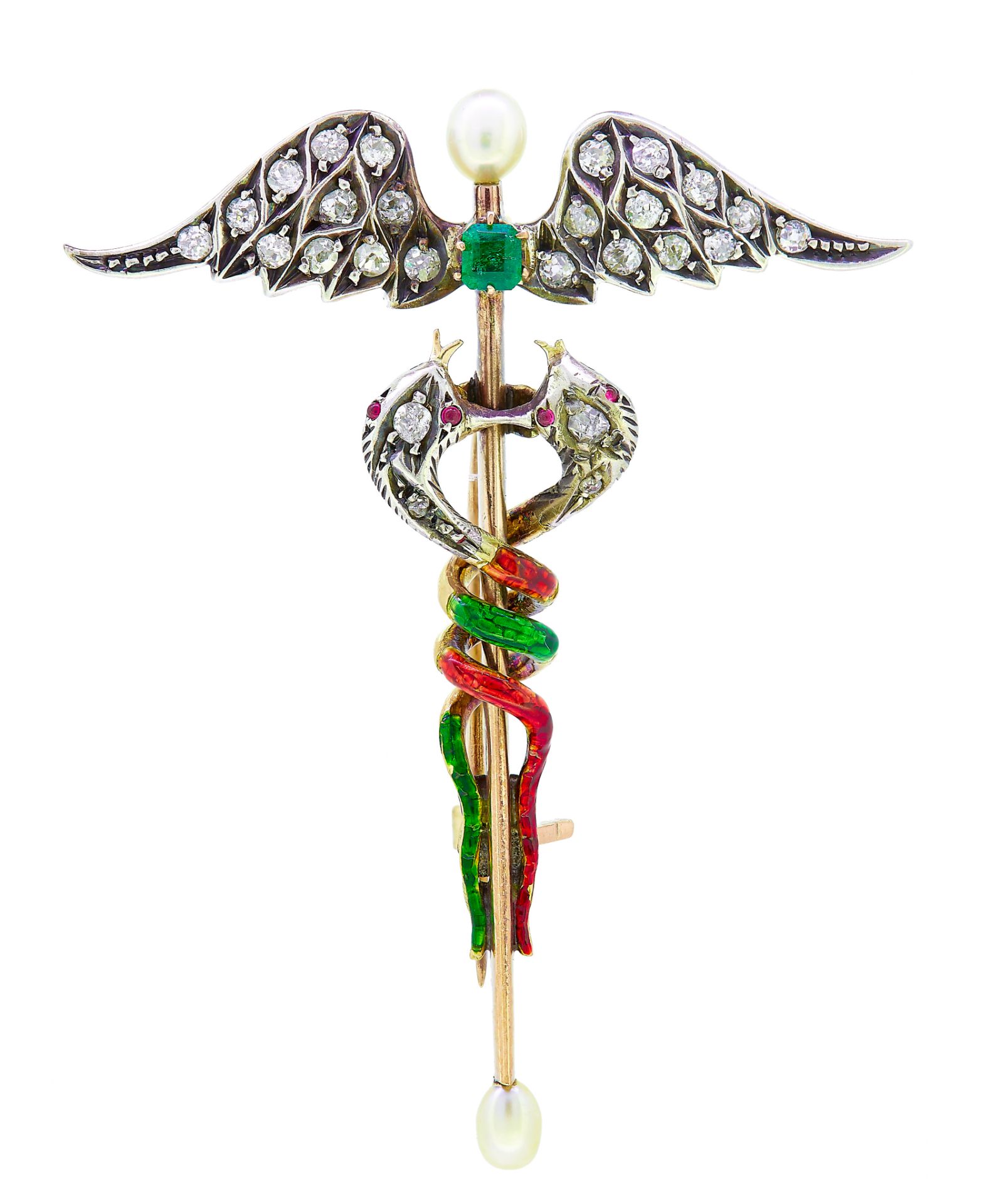 ANTIQUE DIAMOND, PEARL, EMERALD AND ENAMEL CADUCEUS BROOCH