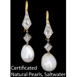 IMPORTANT PAIR OF NATURAL SALTWATER PEARL AND DIAMOND DROP EARRINGS