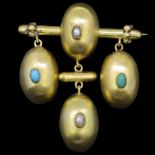 ANTIQUE VICTORIAN PEARL AND TURQUOISE 3 DROP BROOCH