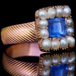 ANTIQUE SAPPHIRE AND PEARL CLUSTER RING