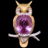 KUNZITE DIAMOND AND ONYX OWL BROOCH