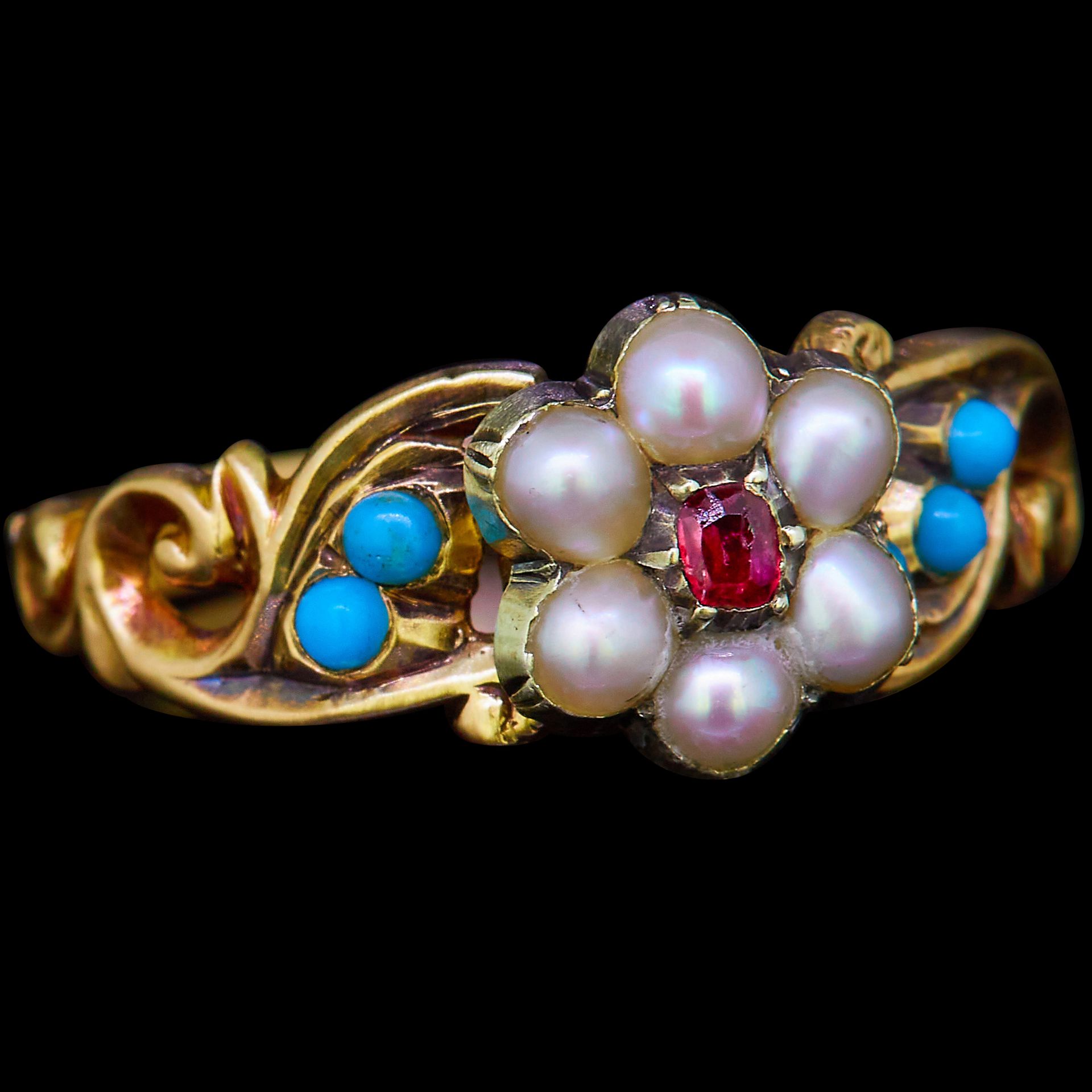 ANTIQUE VICTORIAN PEARL, RUBY AND TURQUOISE RING