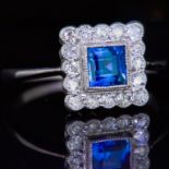 SQUARE SAPPHIRE AND DIAMOND CLUSTER RING