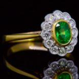 GREEN GARNET AND DIAMOND CLUSTER RING