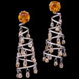 PAIR OF BRIOLET DIAMOND SPIRAL EARINGS WITH CITRINE TOPS