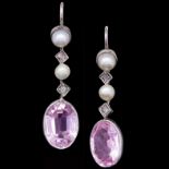 A PAIR OF PINK TOURMALINE AND PEARL EARRINGS