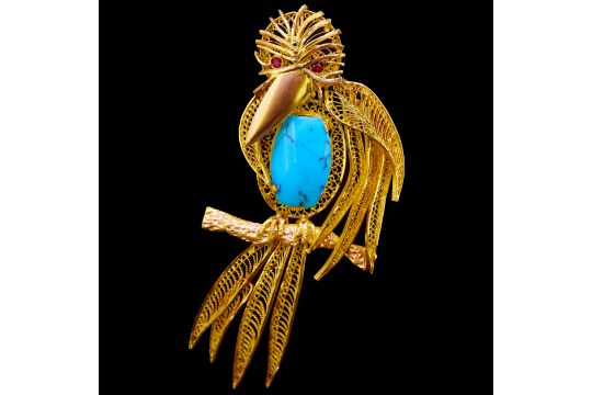 TURQUOISE AND RUBY BIRD BROOCH