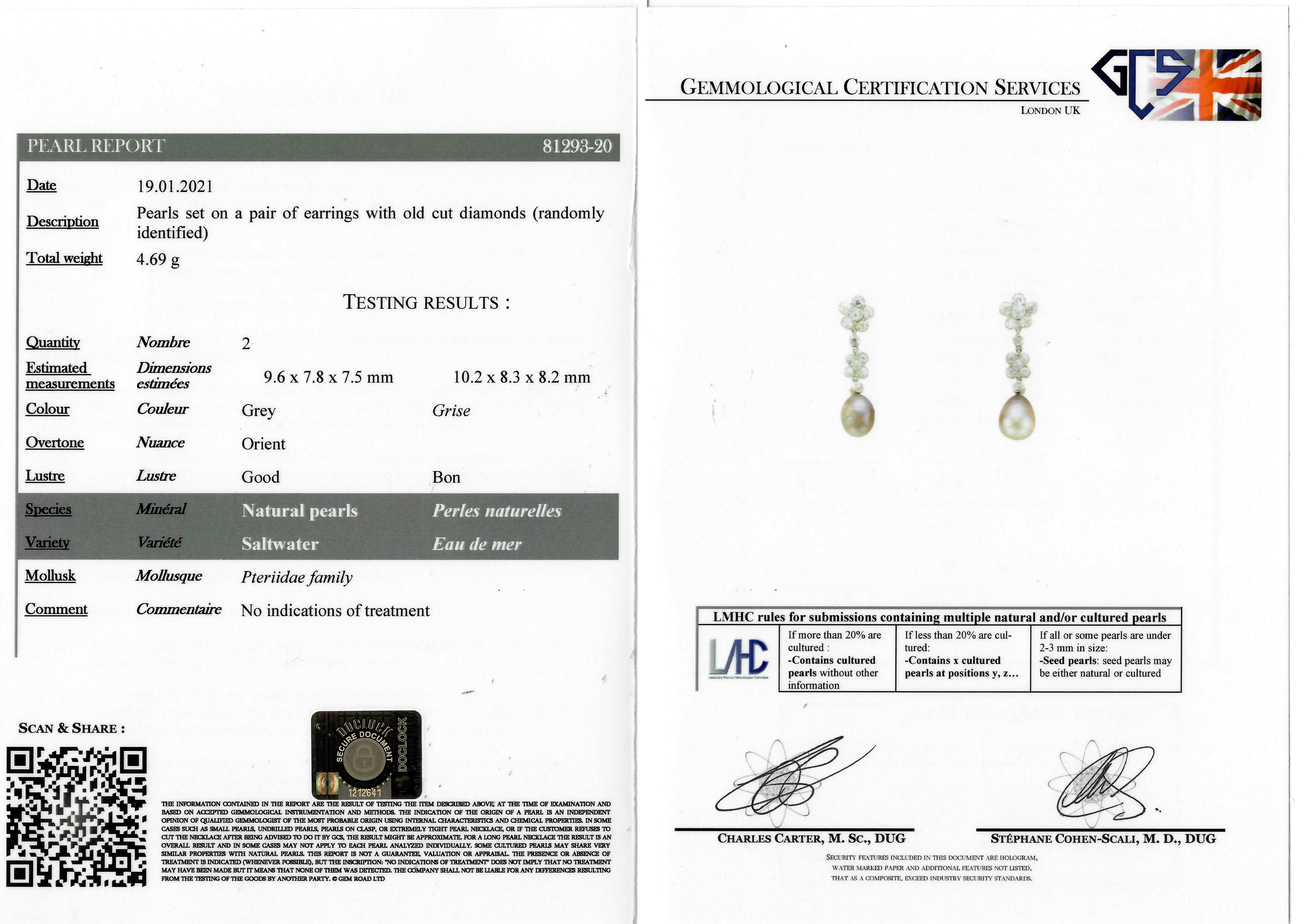 IMPORTANT PAIR OF NATURAL SATWATER PEARL AND DIAMOND DROP EARRINGS - Image 2 of 2