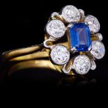 SAPPHIRE AND DIAMOND CLUSTER RING