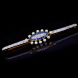 PEARL, SAPPHIRE AND DIAMOND BAR BROOCH