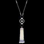 ART-DECO DIAMOND, ONYX, PEARL AND SAPPHIRE TASSLE DROP NECKLACE