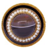 ANTIQUE VICTORIAN BANDED AGATE, PEARL AND ENAMEL BROOCH