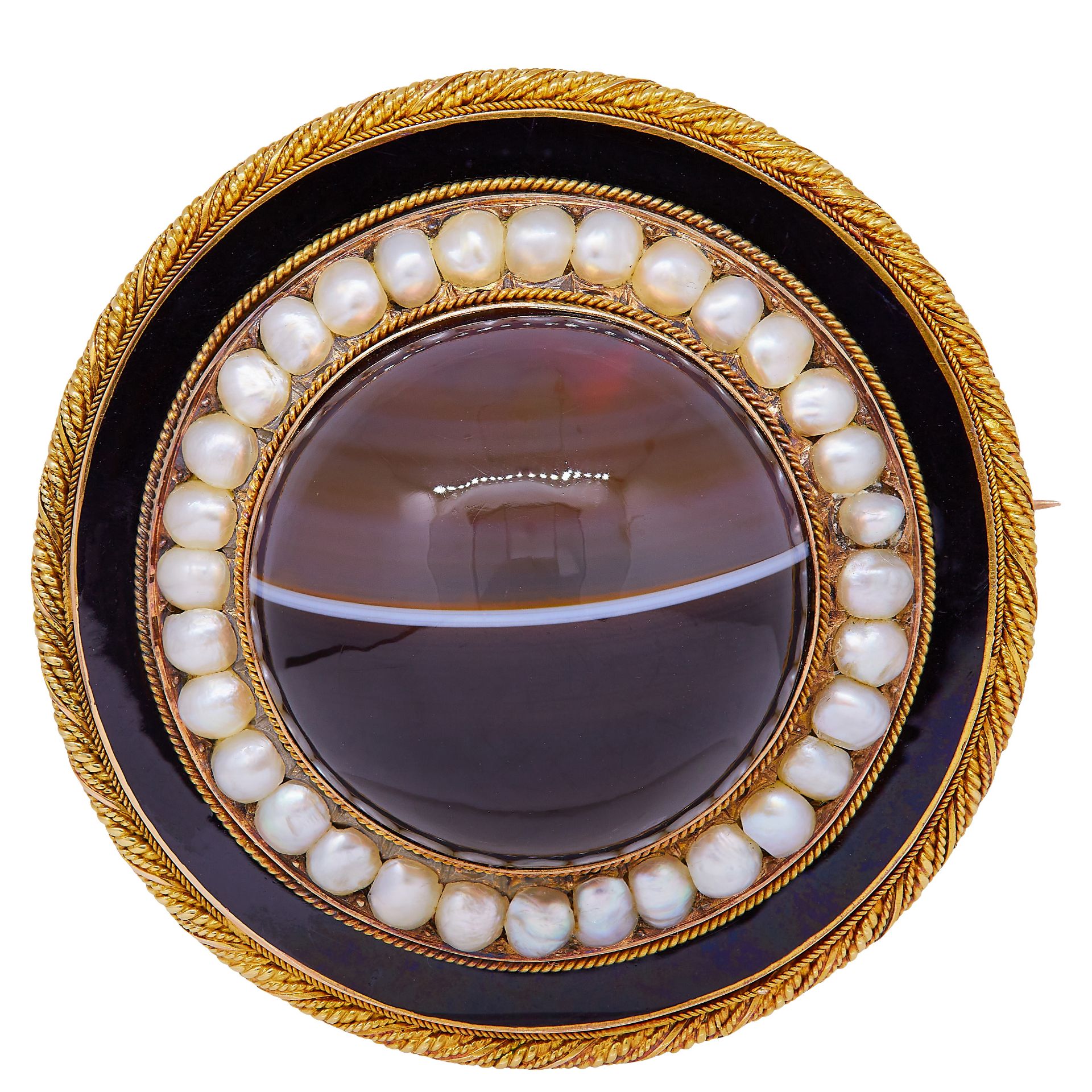 ANTIQUE VICTORIAN BANDED AGATE, PEARL AND ENAMEL BROOCH