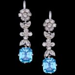 PAIR OF BLUE ZIRCON AND DIAMOND DROP EARRINGS