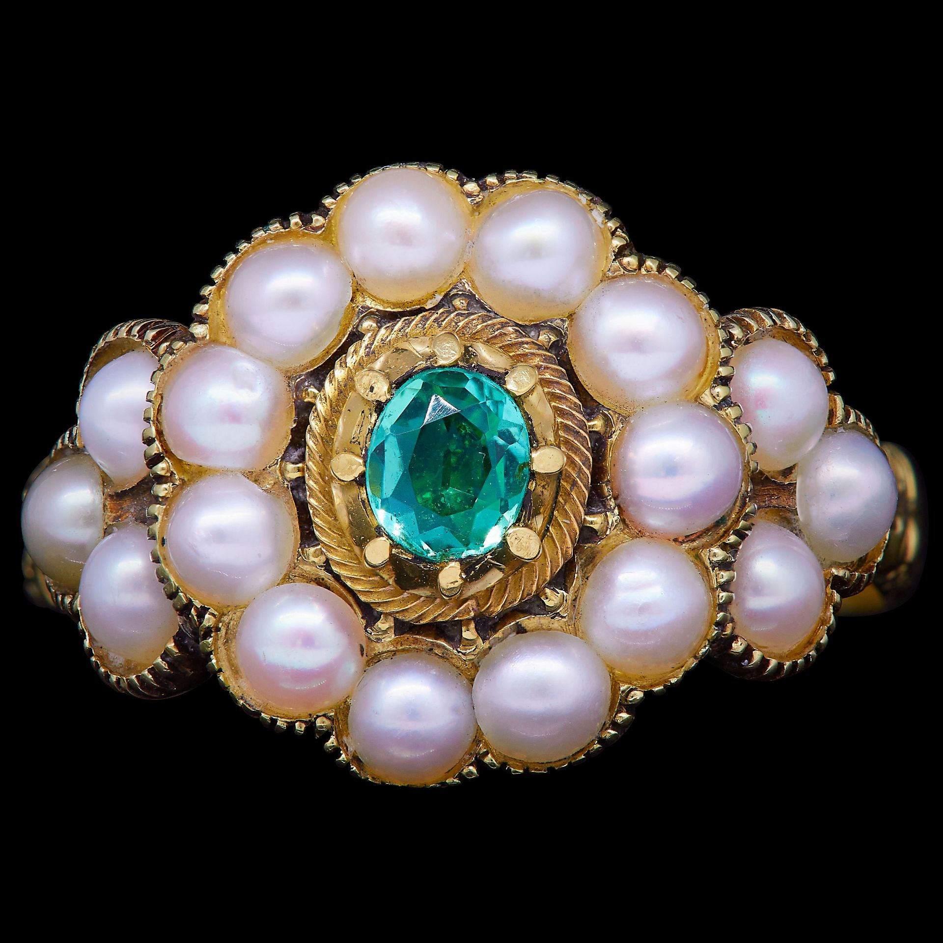 ANTIQUE VICTORIAN PEARL AND GREEN GARNET RING