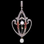 ANTIQUE EDWARDIAN DIAMOND, RUBY AND PEARL PENDANT