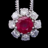 -NO RESERVE- RUBY AND DIAMOND CLUSTER PENDANT NECKLACE