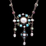 -NO RESERVE- ANTIQUE MOTHER OF PEARL, TURQUOISE, PASTE AND ENAMEL NECKLACE
