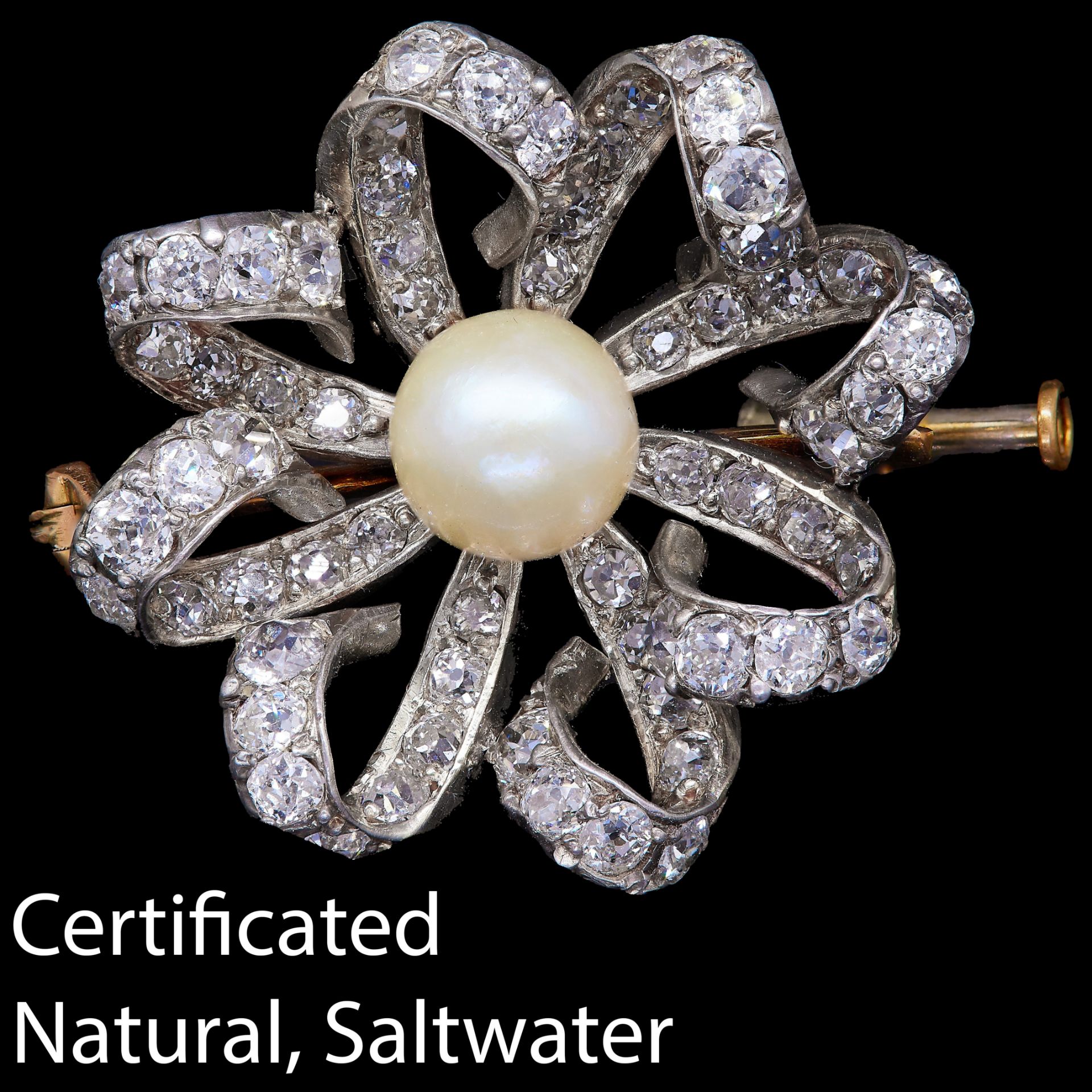 NATURAL SALTWATER PEARL AND DIAMOND SWIRL BROOCH