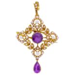 -NO RESERVE- ANTIQUE VICTORIAN PEARL AND AMETHYST DROP BROOCH/PENDANT