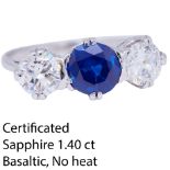 CERTIFICATED SAPPHIRE AND DIAMOND 3-STONE RING