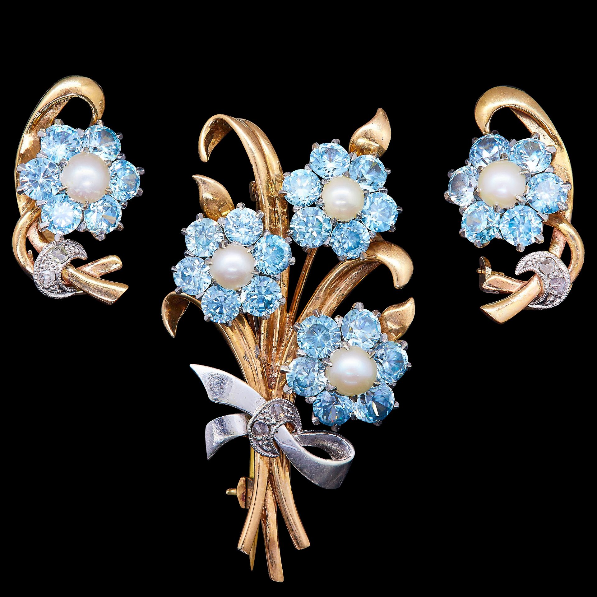 -NO RESERVE- BLUE ZIRCON DIAMOND AND PEARL FLORAL BROOCH AND PAIR OF EARRINGS