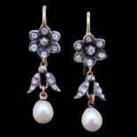 -NO RESERVE- ANTIQUE PAIR OF DIAMOND AND PEARL DROP EARRINGS